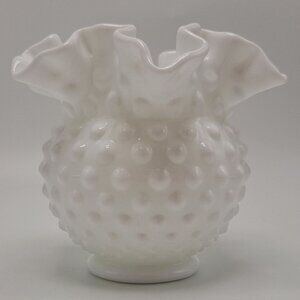 Fenton Hobnail Milk Glass Ruffle Top Squat Vase 4.25" Collectible Display Decor